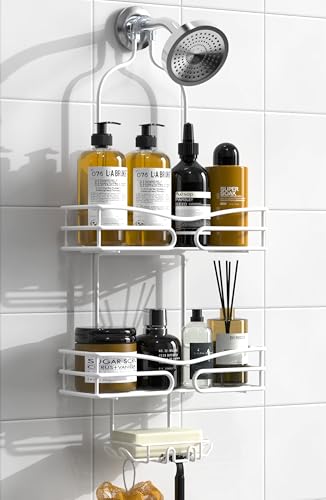 DAOYA Over Head Shower Caddy - Bathroom Shower Organizer with Soap Holder & 6 Hooks for Towels, White, 76L Capacity, Hanging Mount, Rust Resistant - color: White