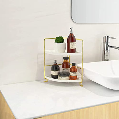 2-Tier Makeup Perfume Counter Organizer, Bathroom Corner Countertop Shelf Vanity Bedroom Storage Tray,Kitchen Spice Rack Standing Shelf(Gold,White) - size: Corner
