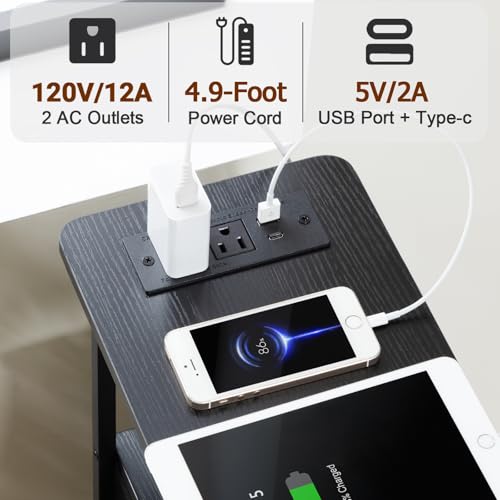 LOAKEKEL Narrow Nightstand with Charging Station, End Tables Living Room Set of 2, Skinny Side Table with Fabric Drawers, Small Sofa Table with LED Light for Bedroom, Black, HETNDP02LBK - color: Black, style: Power + Light
