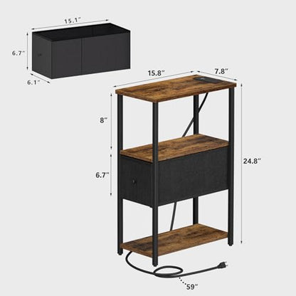 TUTOTAK Small Narrow End Table with Charging Station, Set of 2, Side Table with Outlets, Nightstand with Cloth Drawer, Couch Table, for Living Room, Bedroom, Bedside, Brown and Black TB01BB058K - color: Brown and Black, style: 1 Drawer & Plug
