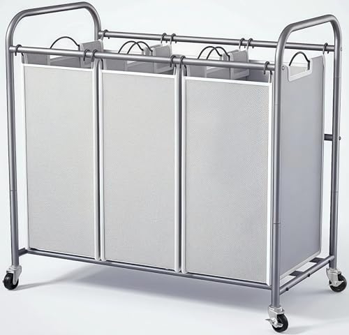 ROMOON Laundry Sorter Hamper 3 Section, Divided Laundry Basket Organizer with Heavy Duty Lockable Wheels and Removable Bags, Rolling Clothes Hamper for Apartment, Dorm & Family (135L Neutral Gray) - color: Gray