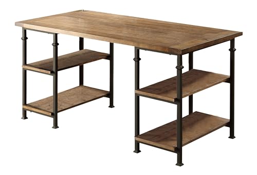 Vintage 1pc Writing Desk with 4 Open Shelves Rustic Poplar Solid Wood and Metal Furniture Office Table