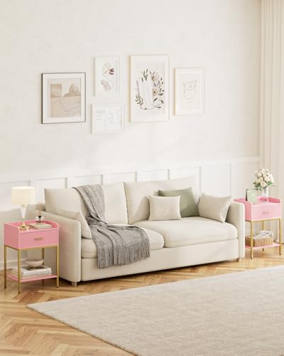 Nightstand, 3-Tier Bed Side Table, Small End Table, Night Stand with Open Shelf and Drawer, Bedside Table for Bedroom, Living Room, Pink - color: Pink, style: Without Charging Station