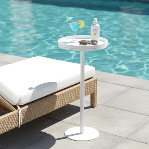 White Martini Table, Modern Small Round Side Table, Minimalist Metal & Wood Pedestal End Table with Weighted Base, White Drink Table for Living Room, Small Spaces,Next to Sofa, 24.7" Tall - color: White