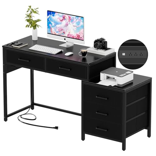 Unikito Reversible Computer Desk with 5 Drawers, Sturdy Office Desk with Power Outlets and USB Ports, Corner Writing Table with File Cabinet & Printer Stand, Vanity Desk with Storage, Black - color: Black