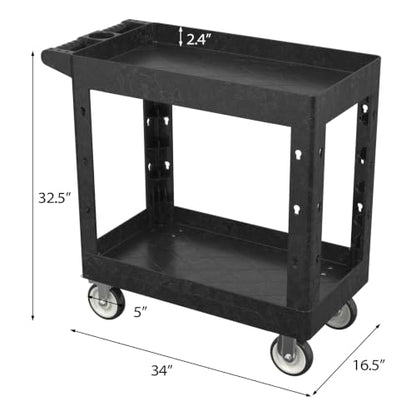 Large Garage Plastic Utility Cart, Heavy Duty 2 Shelf Tool Cart Service Cart Rolling Push Carts with Ergonomic Handle 5" Swivel Casters. - color: Black, size: 34 x 17 Inch