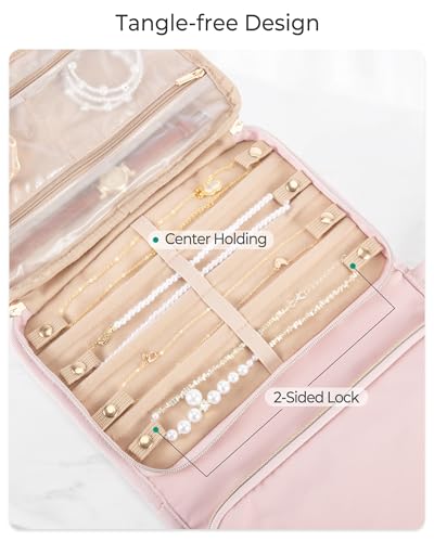 Marscamd Travel Jewelry Case Organizer, Foldable Jewelry Bag, Pink | with Zipper Jewelry Bag for Earrings, Rings, Necklaces, Bracelets, Brooches - color: Pink