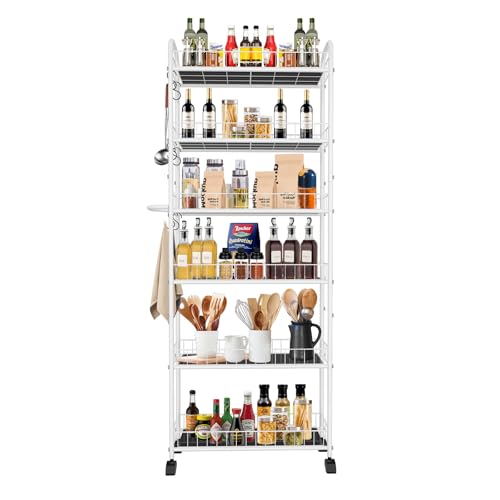 6in 6 Tier Slim Storage Cart with Wheels,Narrow Space Rolling Shelving Unit with Handle, Metal Wire Mobile Organizer Rack for Kitchen Bathroom Office Laundry - size: 6in White Cart with Handle