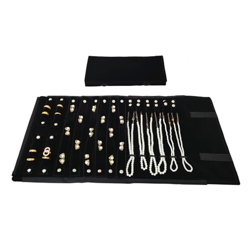 Velvet Travel Jewelry Case Roll Bag Organizer for Necklace Bracelet Earrings Ring (Black) (Black(2+6+6)) - color: Black (2+6+6)