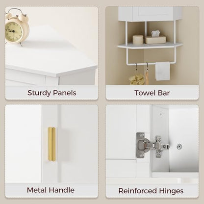 MAHANCRIS Bathroom Wall Cabinet, Corner Wall Mount Medicine Cabinet with Adjustable Shelf & Towel Bar, 3-Tier Over Toilet Storage Cabinets for Bathroom Laundry Room Kitchen, for Small Space, White