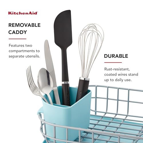 KitchenAid Low Profile Compact Dishrack with Removable Flatware Caddy and Angled Self-Draining Board, Rust Resistant Wires, 12.59 x 17.55 x 6.29 Inch, Mineral Water - color: Mineral Water, size: Low Profile