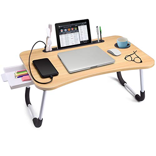 Slendor Laptop Desk Laptop Bed Stand Foldable Laptop Table Folding Breakfast Tray Portable Lap Standing Desk Reading and Writing Holder with Drawer for Bed Couch Sofa Floor - color: Brown