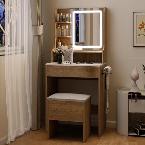 YOURLITE 24" Fluted Makeup Vanity Desk with LED Mirror and Stool | Small Vanity Table Set, 3 Lighting Modes, Charging Station, Hairdryer Holder, Cushioned Stool - size: 27.5", style: Wooden