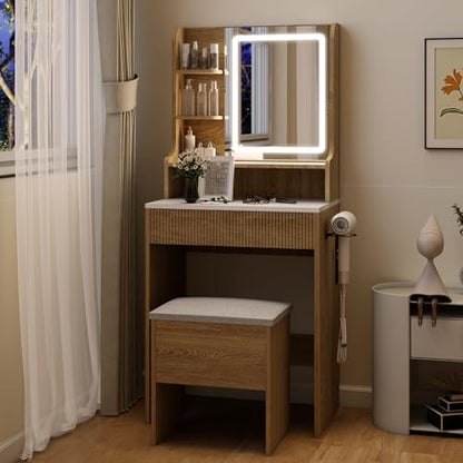 YOURLITE 24" Fluted Makeup Vanity Desk with LED Mirror and Stool | Small Vanity Table Set, 3 Lighting Modes, Charging Station, Hairdryer Holder, Cushioned Stool - size: 27.5", style: Wooden