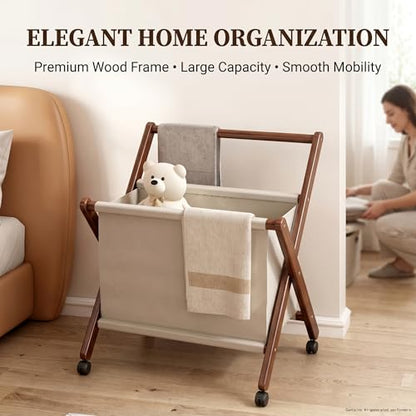 Foldable laundry cart with X-Frame – Small Bamboo wood laundry hamper | laundry basket on wheels Bathroom, RV, Dorm Collapsible Space Saving Clothes Hamper with Removable Cotton Liner