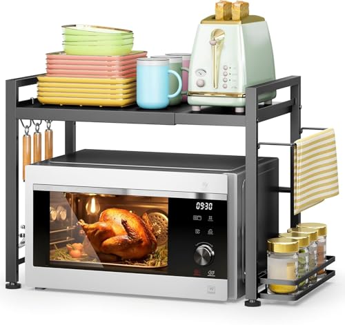 Expandable Microwave Stand Kitchen Countertop Organizer With Storage, Black | Adjustable Microwave Oven Rack Metal Storage Shelf for Pans Small Appliances Kitchen Utensils Tableware, 2-Tier - color: Black, size: 2 Tier (With Spice Rack)
