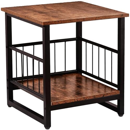 End Table, Industrial Side Table with 2-Tire Storage Shelf, 180LBS Mini Fridge Stand with Adjustable Feet, 18"x18" Wood Night Stand Small Bedside Table with Sturdy Metal Frame for Living Room Bedroom - color: Rustic Brown 1pc 18inch