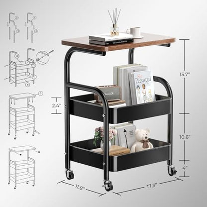 Y YOMA 3 Tier Rolling Utility Cart with Table Top, Metal Storage Organizer with Wheels for Small Space, Office, Kitchen, Bathroom, Dorm, Coffee Station - Black