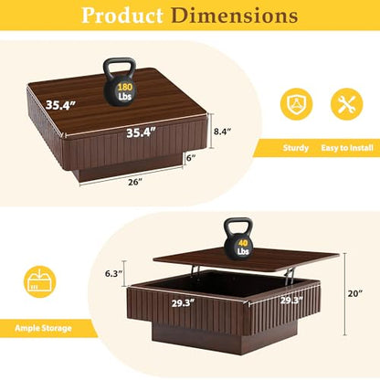 Lift Coffee Table with Hidden Storage & Adjustable Height, 35.4" Modern Fluted RGB LED Center Table with Charging Station, Wooden Accent Tea Table for Living Room & Small Apartment (Square) - size: Square