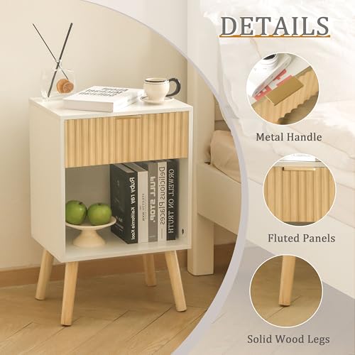 Fultyle Night Stand with Charger Station, Modern Wood Nightstand with Drawer and Outlet, Fluted Bedside Table End Table with Solid Wood Legs for Bedroom, Living Room, Office (White Oak) - color: White Oak With Charging Station