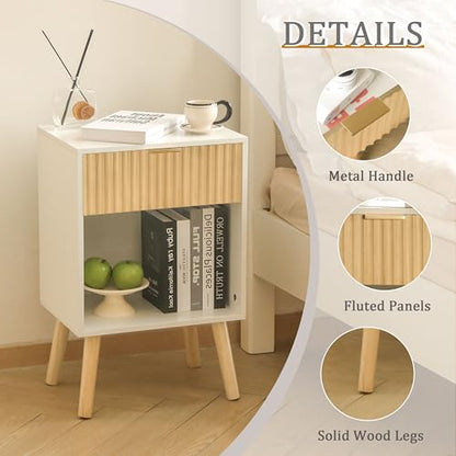 Fultyle Nightstand, Modern Bedside Table with Drawer and Open Shelf, Fluted Night Stand with Solid Wood Legs for Bedroom, Living Room, Office (White Oak) - color: White Oak