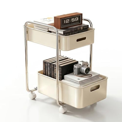 PureBox 2-Tier Metal Rolling Utility Cart with Slide-Out Drawer,Sturdy Solid Board Utility Cart for Under Desk,with Lockable Wheels Mobile Storage Organizer for Office,Living Room,Kitchen,Cream White