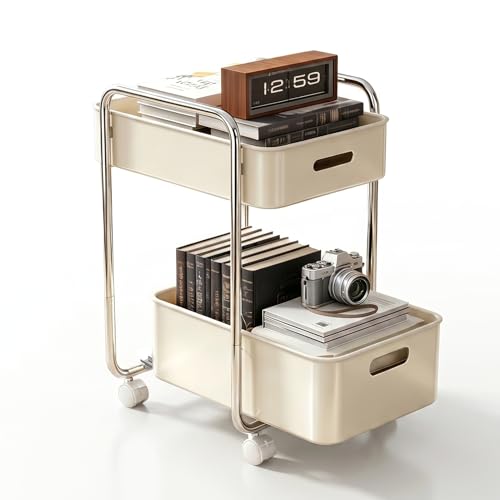 PureBox 2-Tier Metal Rolling Utility Cart with Slide-Out Drawer,Sturdy Solid Board Utility Cart for Under Desk,with Lockable Wheels Mobile Storage Organizer for Office,Living Room,Kitchen,Cream White