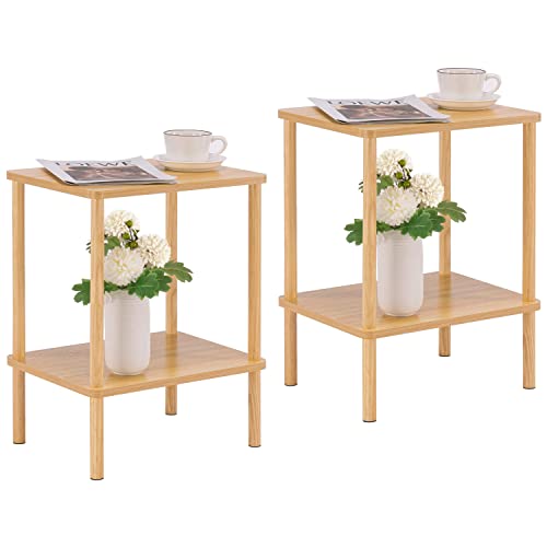 Apicizon End Table Set of 2, Side Table with Solid Wood Legs, Natural | Boho Bedside Table with Storage Shelf, Small Nightstand for Small Spaces, Bedroom, Living Room, Entryway, Easy Assembly - color: Natural, size: 2 Set, style: 2 Tier