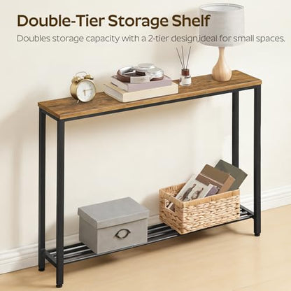 YATINEY Narrow Console Table, 2-Tier Small Sofa Table, 39.4" Thin Entryway Behind Couch Table with Shelves, Industrial Hallway Table, for Living Room, Foyer, Rustic Brown and Black CT25BR - color: Rustic Brown + Black, size: 39.4"D x 29.5"W x 7.9"H