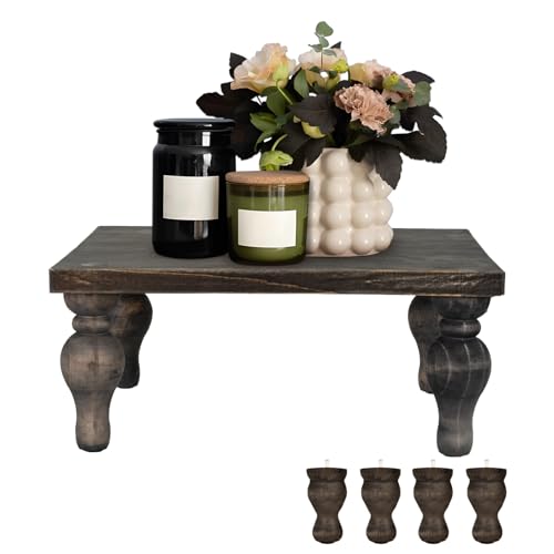 MAONAME Decorative Wooden Display Riser, Farmhouse Wood Pedestal Stand for Display, Rustic Washed Black Tray Riser for Kitchen, Home Table Decor, Short and Tall Footed