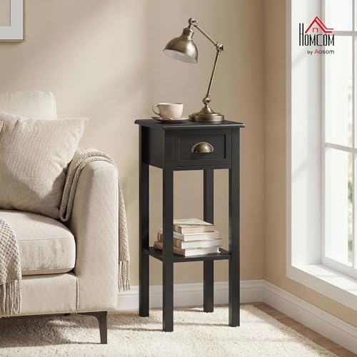 HOMCOM Narrow End Table with Drawer Slim Side Table for Small Spaces Black | Tall Telephone Table, Skinny Modern Design, for Small Spaces, Living Room - color: Black