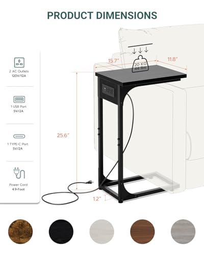C-Shaped Side Table for Couch - Small Coffee Stand Sofa Tray Desk with Metal Frame Waterproof Scratch Resistant Wood Top and Built-in Charging Station, Black - color: Black, size: 1-Pack, style: Includes Power Outlets