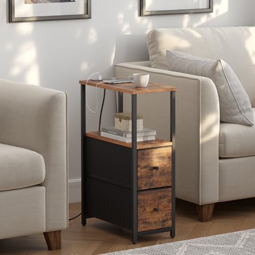 TUTOTAK Small Narrow End Table with Charging Station, Set of 2, Side Table with Outlets, Nightstand with 2 Cloth Drawers, Couch Table, for Living Room, Bedroom, Bedside, Brown TB01BB055 - color: Brown, style: 2 Drawers & Plug