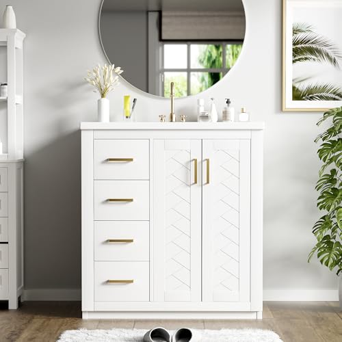 30 Inch White Bathroom Vanity with Sink & Gold Handles,Light Luxury | with Herringbone Pattern Soft Closing Doors,3 Left Drawers,Ceramic Countertop,Solid Wood Frame,Floor-Standing with Toe-Kick - color: White, size: 30 Inch(Left Drawers)