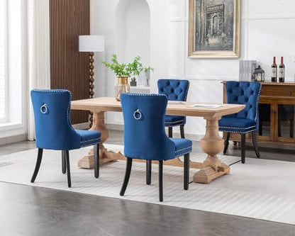 KCC Velvet Dining Chairs Set of 2, Upholstered High-end Tufted Dining Room Chair with Nailhead Back Ring Pull Trim Solid Wood Legs, Nikki Collection Modern Style for Kitchen, Blue - color: Blue, size: Set of 2