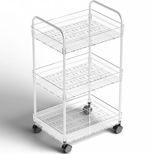 Yieach 3 Tiered Clear Rolling Cart with Wheels,Acrylic Storage Cart on Wheels for Bedside,College Dorm Room,Bathroom Organizers and Storage Shelf,Utility Cart Organizer for Snack,Craft,Diaper Caddy - size: 3 Tier