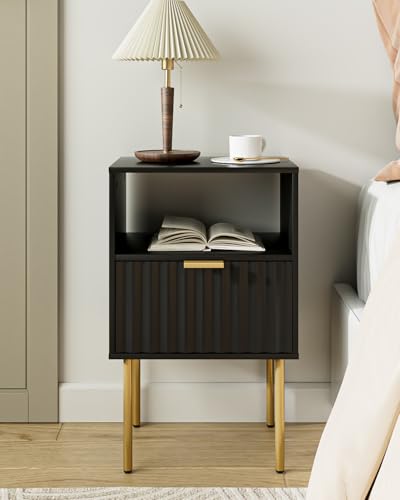 Nightstand,Modern Bedside Table with Gold Frame,White Night Stand,Bedside Furniture, Modern Side Table with Drawer and Shelf for Bedroom (Black) - color: Black