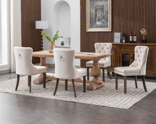 KCC Velvet Dining Chairs Set of 4, Upholstered High-end Tufted Dining Room Chair with Nailhead Back Ring Pull Trim Solid Wood Legs, Nikki Collection Modern Style for Kitchen, Beige - color: Beige, size: Set of 4