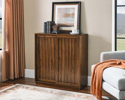 Mid Century Modern Sideboard Buffet Cabinet with 2 Fluted Sliding Door,Small Storage Cabinet with Outlet Holes for Living Room, Kitchen, Entryway, Hallway 32" Walnut - color: Walnut