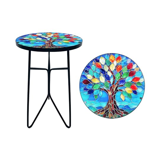 12 Inch Mosaic Colorful Tree of Life Patio Side Table, Small Round End Tables, Glass Plant Tables Indoor, Garden or Living Room Decor Afternoon Tea Dinner Table, Simple Assembly Cast Iron Plant Stand - color: Colorful Tree of Life