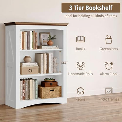 IRONCK 43" Tall 3-Tier Bookshelf, Farmhouse Bookcase White | White finish, anti-tip design, wood thick shelf, 30" wide floor-standing unit for home office, living room, bedroom