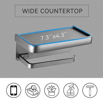 Toilet Paper Holder with Phone Shelf, Adhesive or Screw Wall Mount Toilet Tissue Roll Holder-Grey - color: Grey
