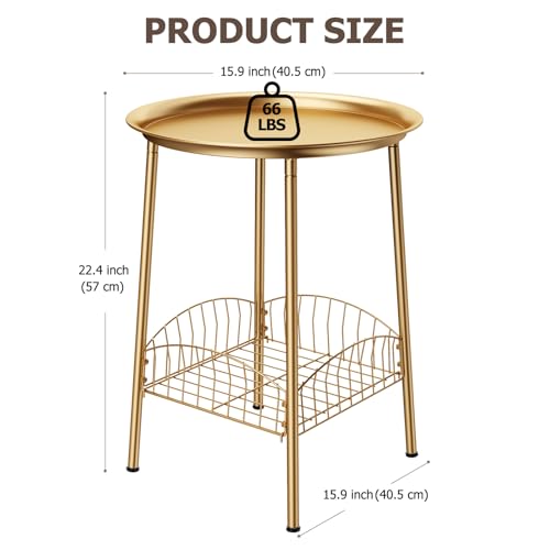 Small Outdoor Side Table, 2-Tier Round Metal Patio Table, Accent Table Waterproof, Weather Resistant End Table for Yard Porch Pool Balcony Garden Bedside (Gold) - color: Gold