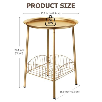 Small Outdoor Side Table, 2-Tier Round Metal Patio Table, Accent Table Waterproof, Weather Resistant End Table for Yard Porch Pool Balcony Garden Bedside (Gold) - color: Gold
