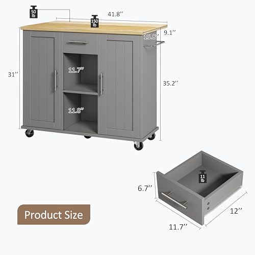 SUNLEI Rolling Kitchen Island Cart with Wheels, Island Table for Kitchen, Farmhouse Kitchen Cart with Drop Leaf & Towel Rack & Drawer, Kitchen Islands Table with Storage Cabinet, Grey - style: Grey