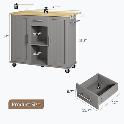 SUNLEI Rolling Kitchen Island Cart with Wheels, Island Table for Kitchen, Farmhouse Kitchen Cart with Drop Leaf & Towel Rack & Drawer, Kitchen Islands Table with Storage Cabinet, Grey - style: Grey