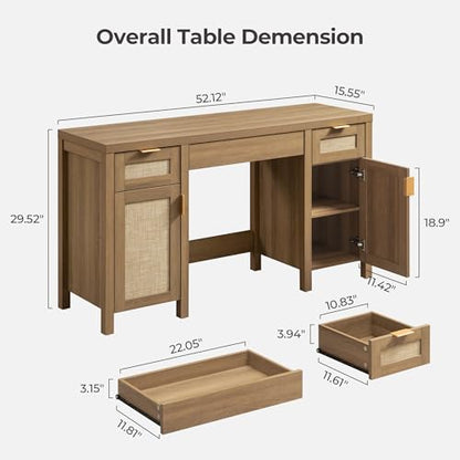 SICOTAS 52" Rattan Vanity Home Office Desk Vanity Table with 3 Drawers | 2 Pieces Farmhouse Boho Makeup Vanity Dressing Table with Large Storage, Vanities Desk for Makeup Room, Bedroom, Office - size: 2 Pieces, style: Reclaimed Caramel Oak
