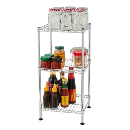 3-Tier Steel Storage Shelving Unit, Chrome | Adjustable, Small Shelf Rack, Leveling Feet, for Kitchen Pantry Garage - color: Chrome, 3 Tier-11.81"