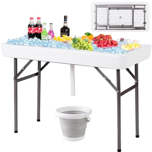 Giantex 4 FT Folding Ice Cooler Table with Drain & Bucket, Removable Skirt, No Assembly, Portable Fill and Chill Table for Food Drink Beverage, Foldable Party Ice Bin for Camping BBQ, White - color: White, size: 24"D x 48"W, style: With Bucket