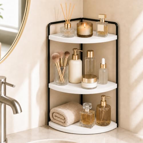 3-Tier Corner Bathroom Counter Organizer, Solid Pine Vanity Shelf, White | Solid pine 3-tier corner shelf with 6.3 in clearance for tall bottles in bathroom, vanity, kitchen, or coffee bar. - color: White